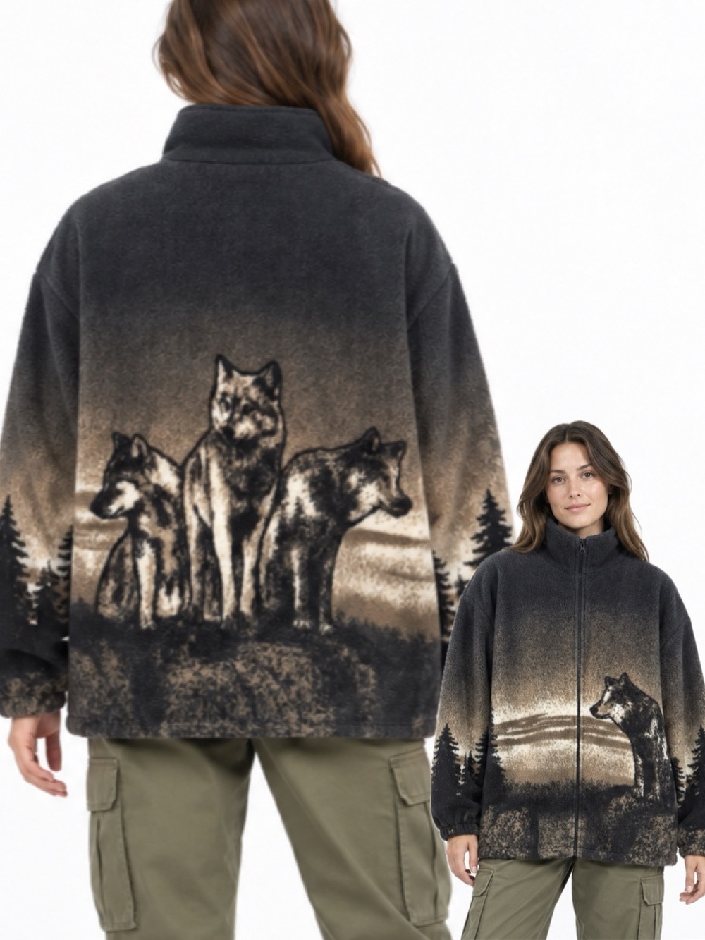 Vintage 90s Mazmania Wolf Pack Scenic Full Zip Fleece Jacket Unisex Medium Men’s